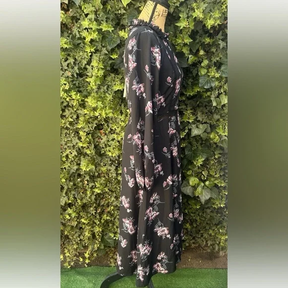 June & Hudson Black Maxi Dress Whimsigoth Boho Goth Floral Ruffles Lace Velvet - Picture 12 of 13